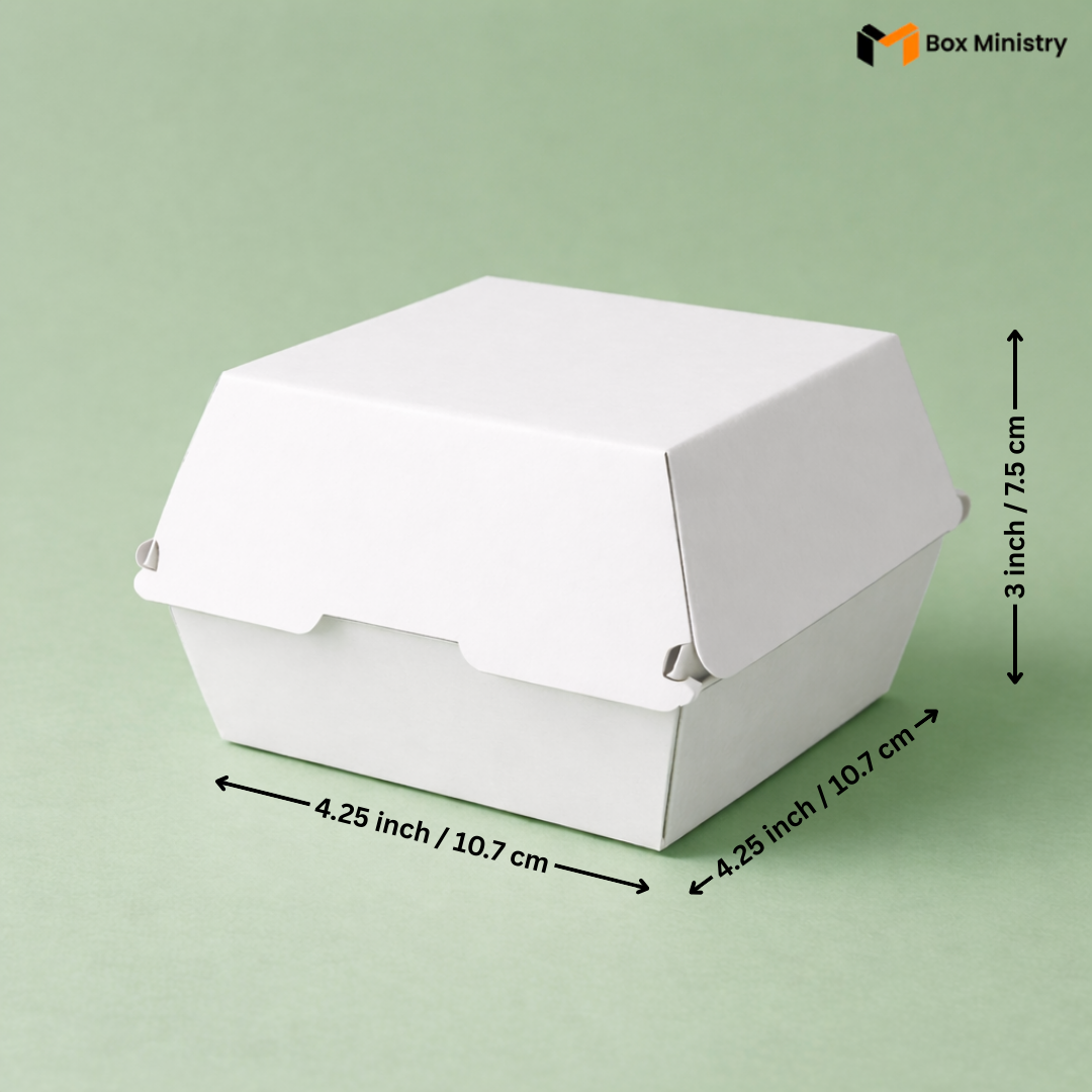 White paper food container with dimensions on a green background