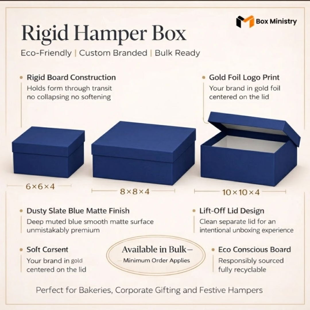 Promotional image of Rigid Hamper Boxes with specifications and features.