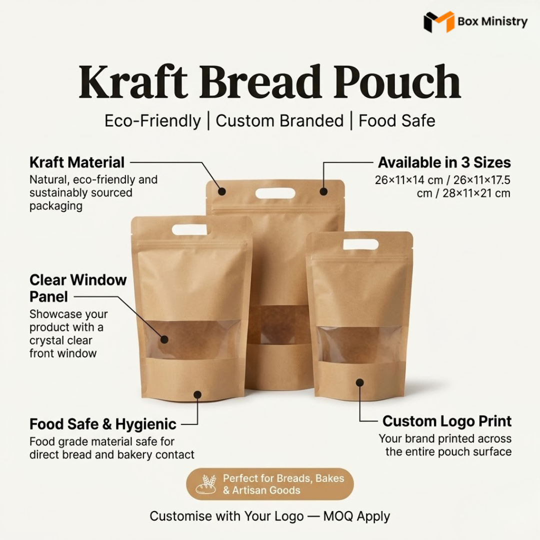 Kraft bread pouches with features and Box Ministry branding.