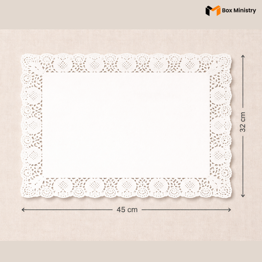 White lace placemat with dimensions on a beige background