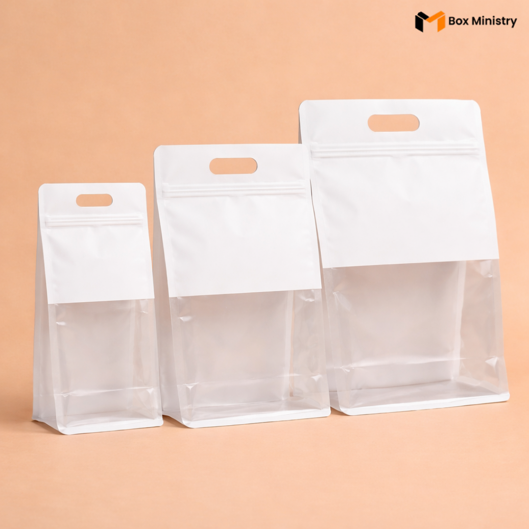 Three clear plastic bags with white tops on a beige background, featuring the Box Ministry logo.