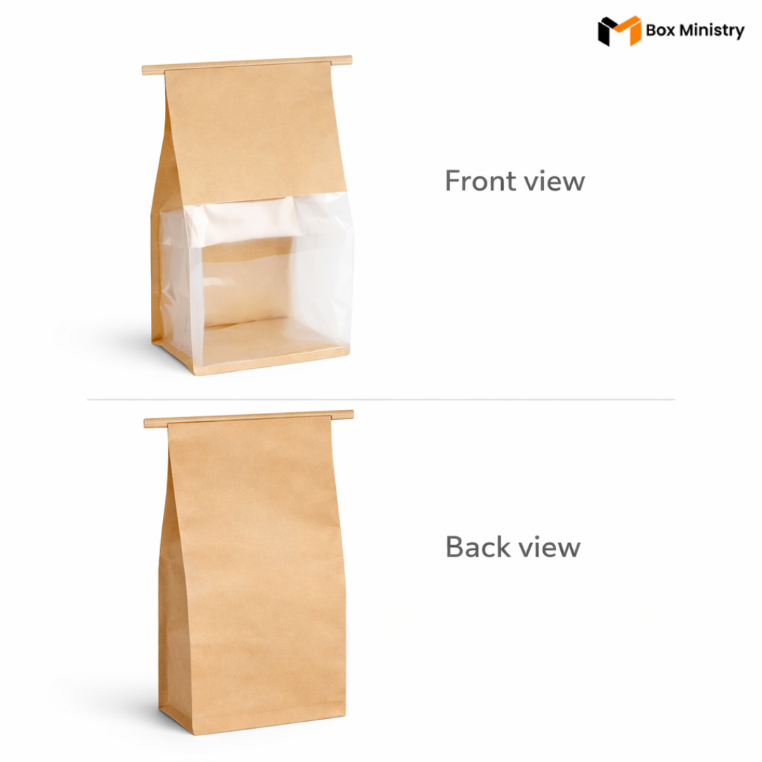 Kraft paper bag with front and back views on a white background, featuring 'Box Ministry' logo.
