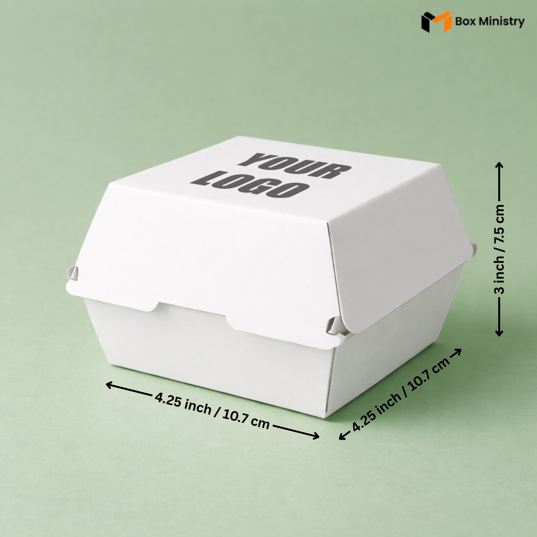 White fast food container with dimensions labeled on a green background