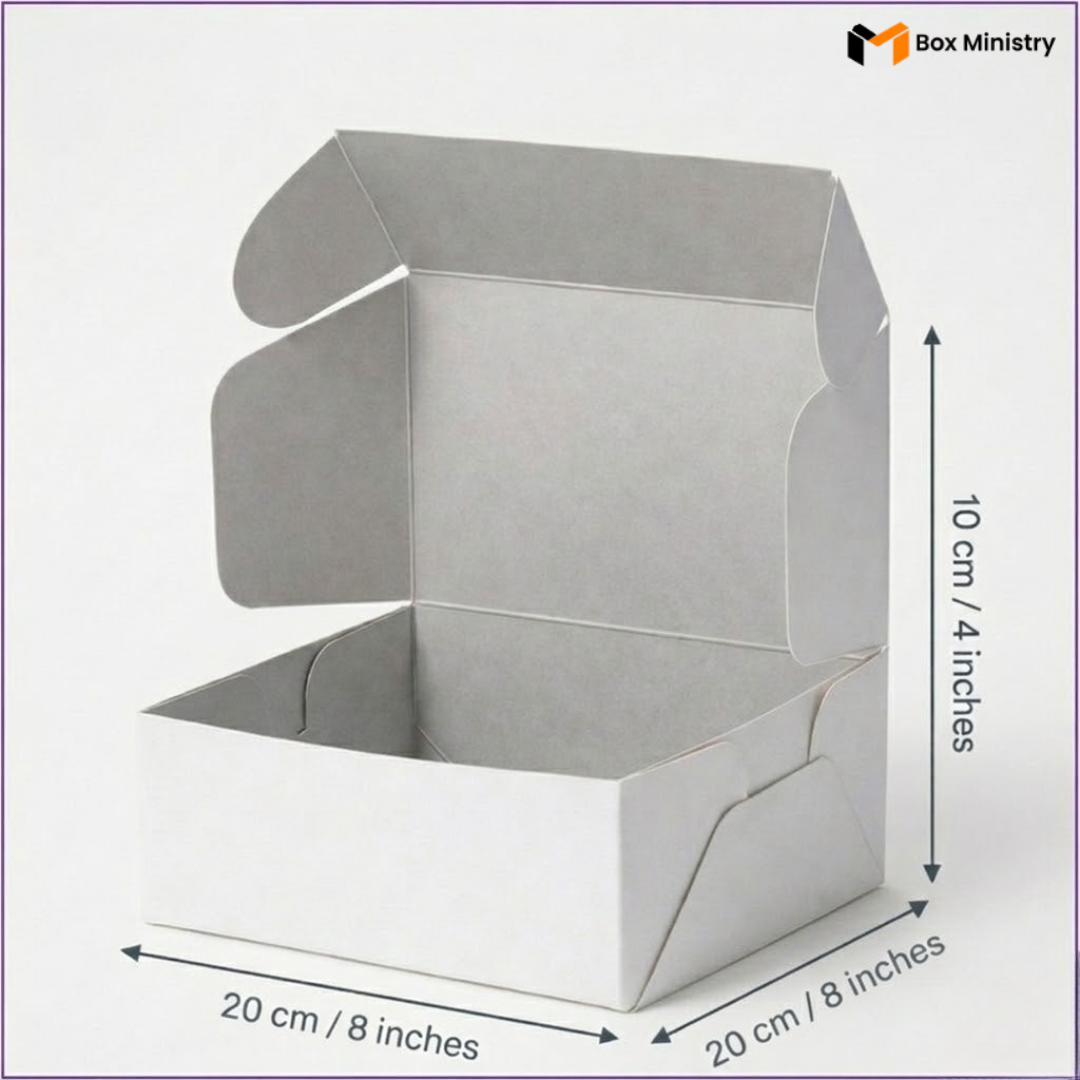 White cardboard box with dimensions indicated on a white background