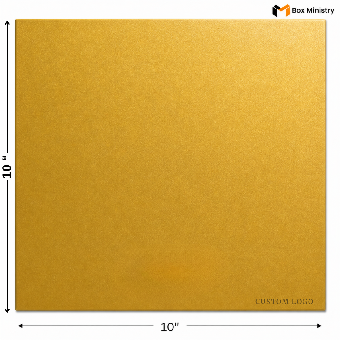 Gold square sheet with dimensions and 'Box Ministry' branding
