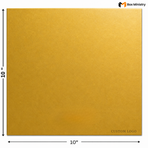 Gold square sheet with dimensions and 'Box Ministry' branding