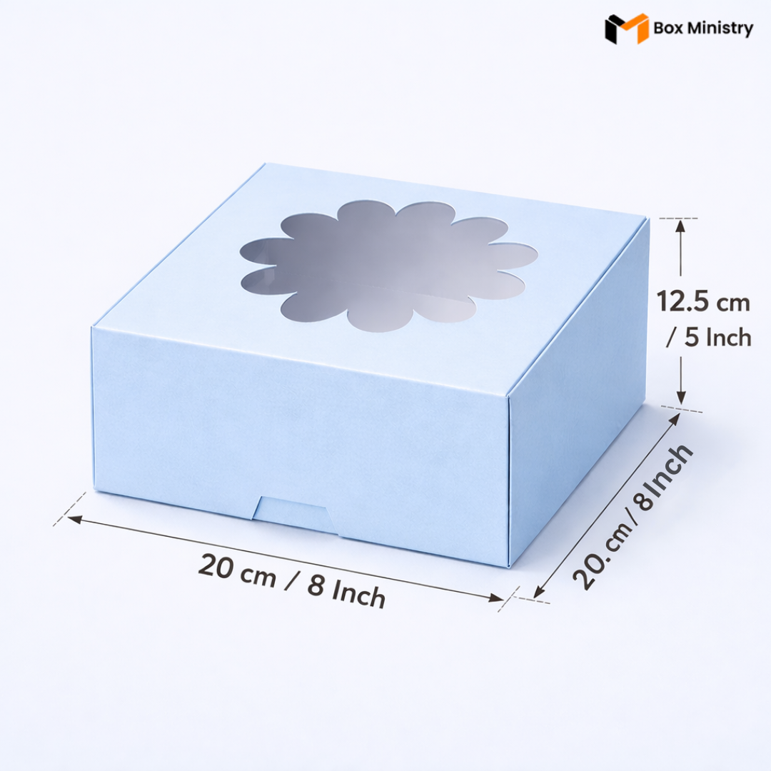 Sky blue flower window cake box 20x20x12.5 cm (8x8x5 inch) with decorative flower-shaped PVC window on top showing clear interior, taller 5 inch height version clearly visible, dimensions labeled with measurement arrows on pale icy blue background — Blue Flower Window Cake Box .