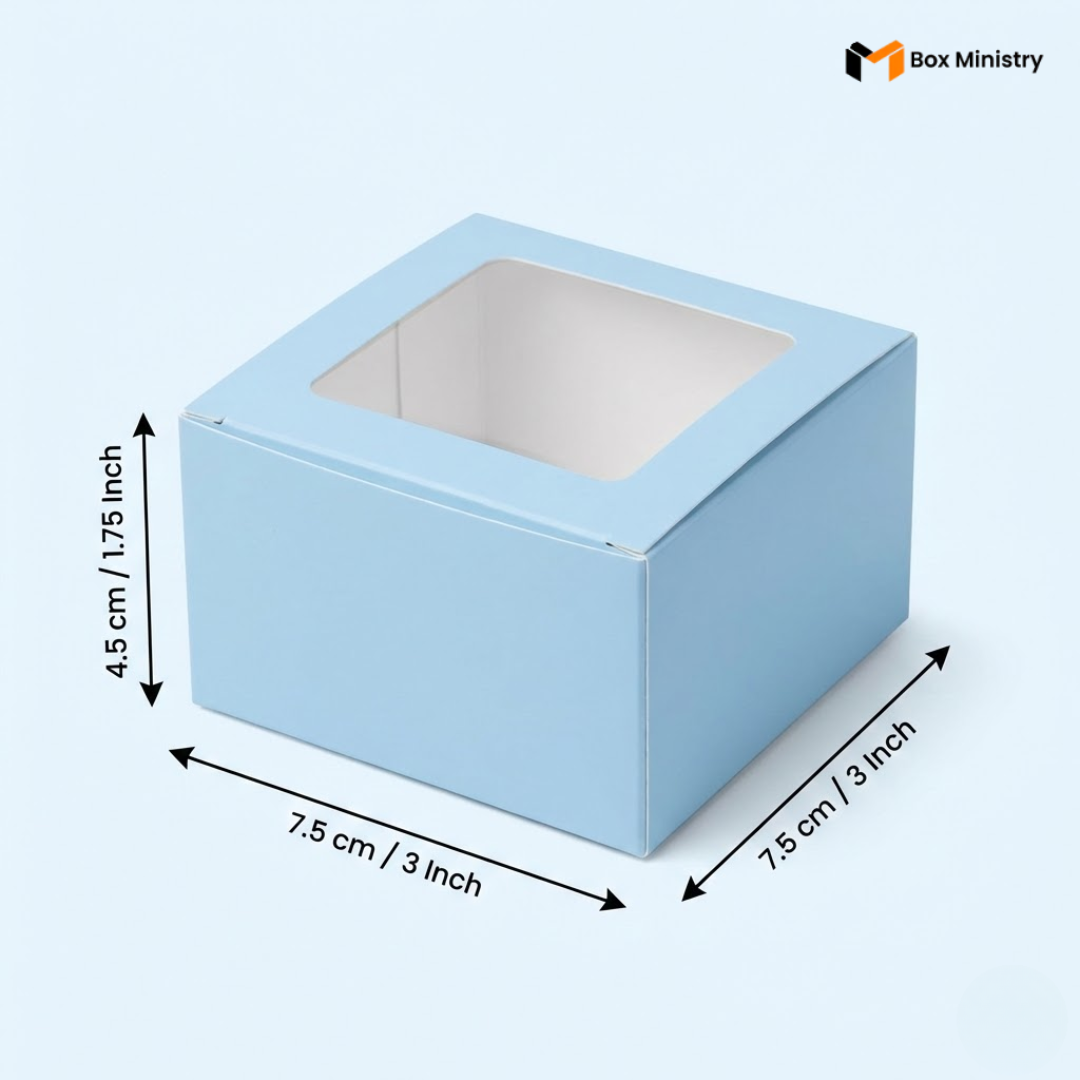 Blue box with a window on a light blue background, showing dimensions.