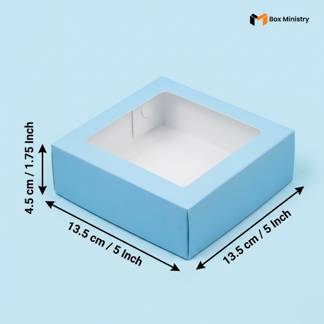 Blue box with a clear window and measurements on a white background