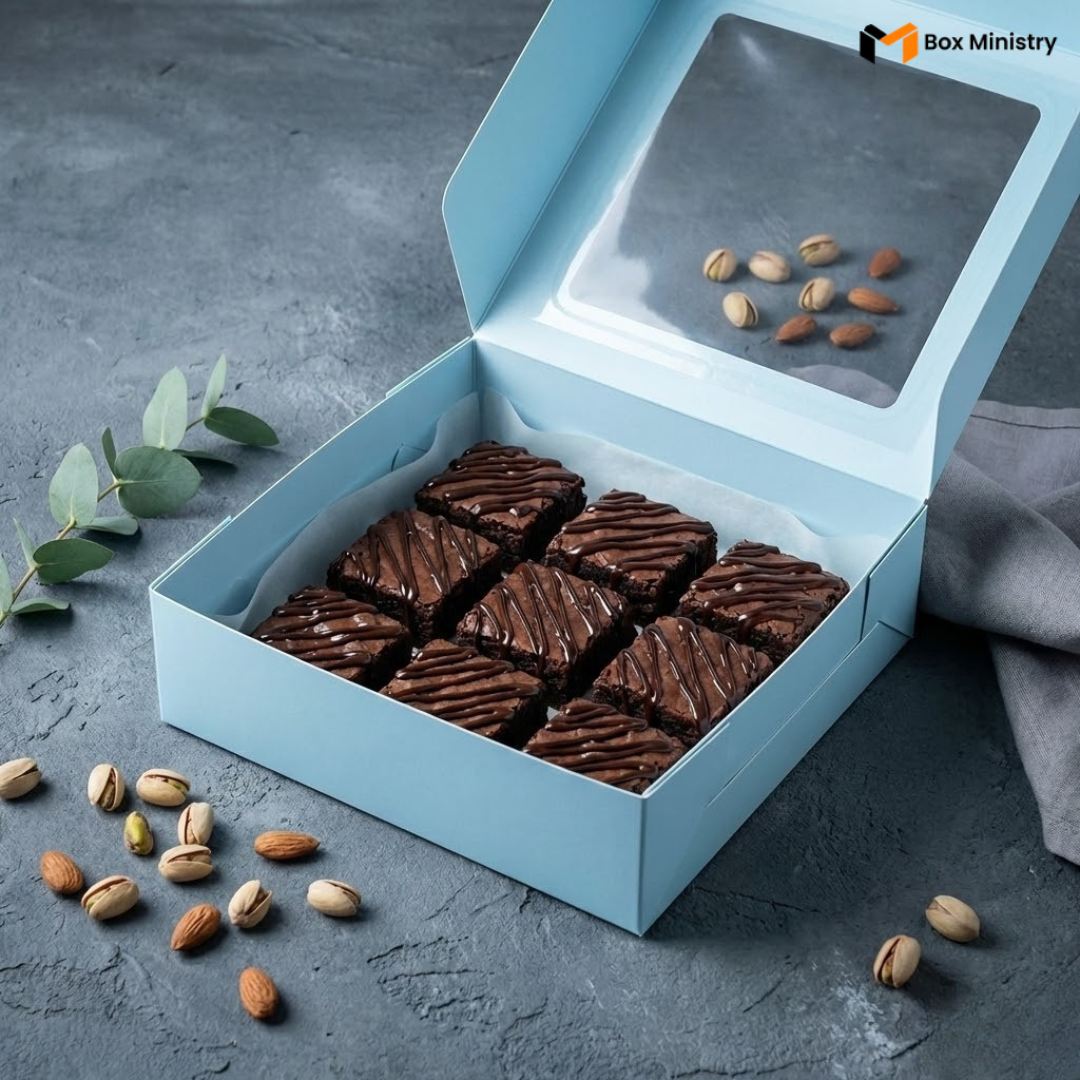 Open sky blue window bakery box filled with 9 fudgy chocolate brownies with dark chocolate ganache drizzle on white parchment paper, styled on a dark slate grey concrete surface with eucalyptus leaves, scattered pistachios and almonds, and a grey linen napkin — Sky Blue Window Bakery Box .