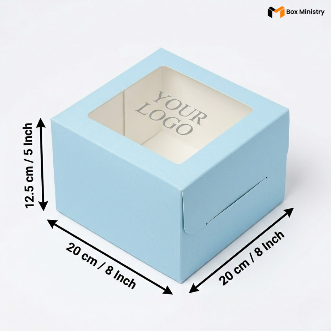 Soft sky blue square cake box with large square clear PVC window on lid showing "YOUR LOGO" text in elegant serif grey font on white interior base, dimensions 20 x 20 x 12.5 cm (8 x 8 x 5 inches), shown in 3/4 isometric angle with bold black measurement arrows on left and bottom edges, visible tuck-lock flap on right side face, matte finish, on a soft pure white background
