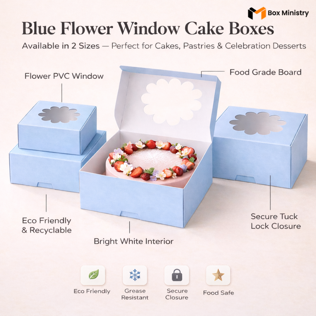 Infographic showing three sky blue flower window cake boxes in small, medium and large sizes with one box open showing white interior — labeled features include Flower PVC Window, Food Grade Board, Grease Resistant Interior, Secure Tuck Lock Closure and Eco Friendly & Recyclable — icons for Eco Friendly, Grease Resistant, Secure Closure and Food Safe at bottom — Blue Flower Window Cake Boxes .