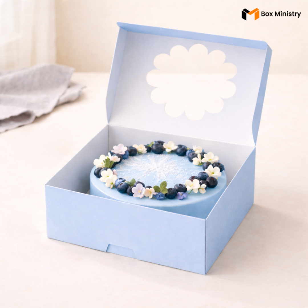 Open sky blue flower window cake box with lid propped upright showing decorative flower-shaped PVC window, filled with a round sky blue frosted celebration cake decorated with fresh blueberries, blackberries, white and lilac edible flowers, and green leaves on a soft white surface — Blue Flower Window Cake Box .