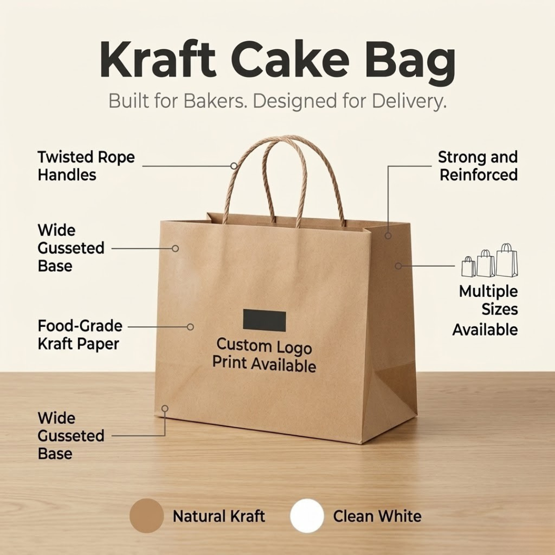 Kraft cake bag with features highlighted on a beige background