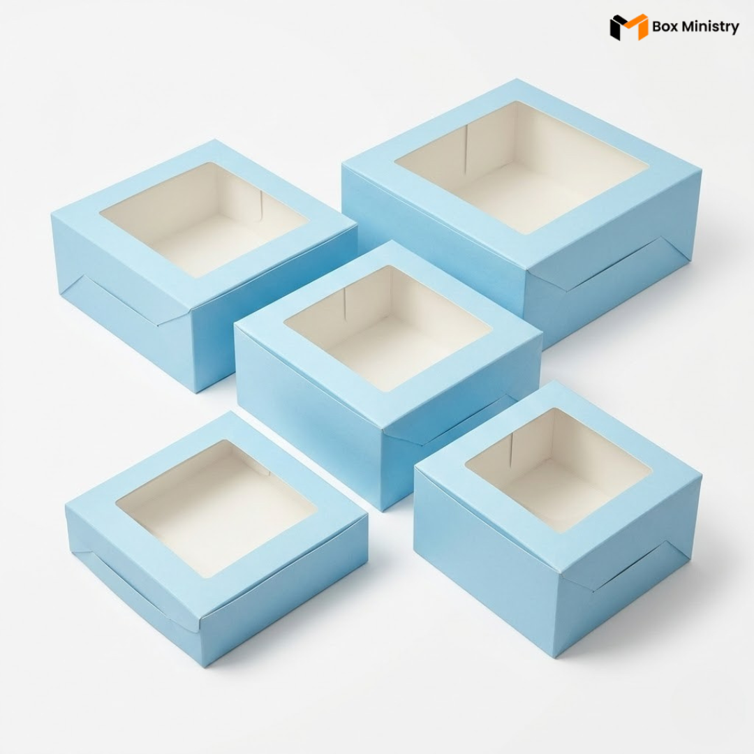 Five sky blue square window cake boxes arranged in a scattered cluster composition at 3/4 isometric angle, all lids open revealing clean white interior lining, varying sizes from small to large, on a soft pure white background