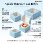 Product infographic for Square Window Cake Boxes featuring four sky blue cake boxes in a scattered layout on a light blue gradient background — one box open showing a decorated white cream cake with strawberries, macarons and edible flowers inside, three boxes closed with clear PVC windows visible. Six feature callouts with icons: Crystal Clear PVC Window, Premium Sky Blue Finish, Easy Self-Assembly on the left, Food-Grade ITC Board, Secure Side Lock, and 4 Sizes Available (7×7×4", 7×7×5", 8×8×5", 10×10×5")