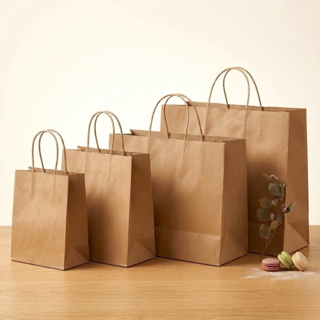Three brown paper bags of different sizes on a wooden surface with a light background.