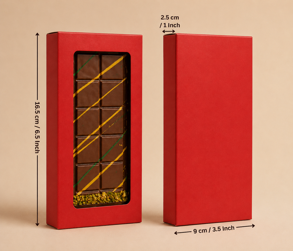 Red chocolate box with a window displaying chocolate bars, measurements indicated on a beige background