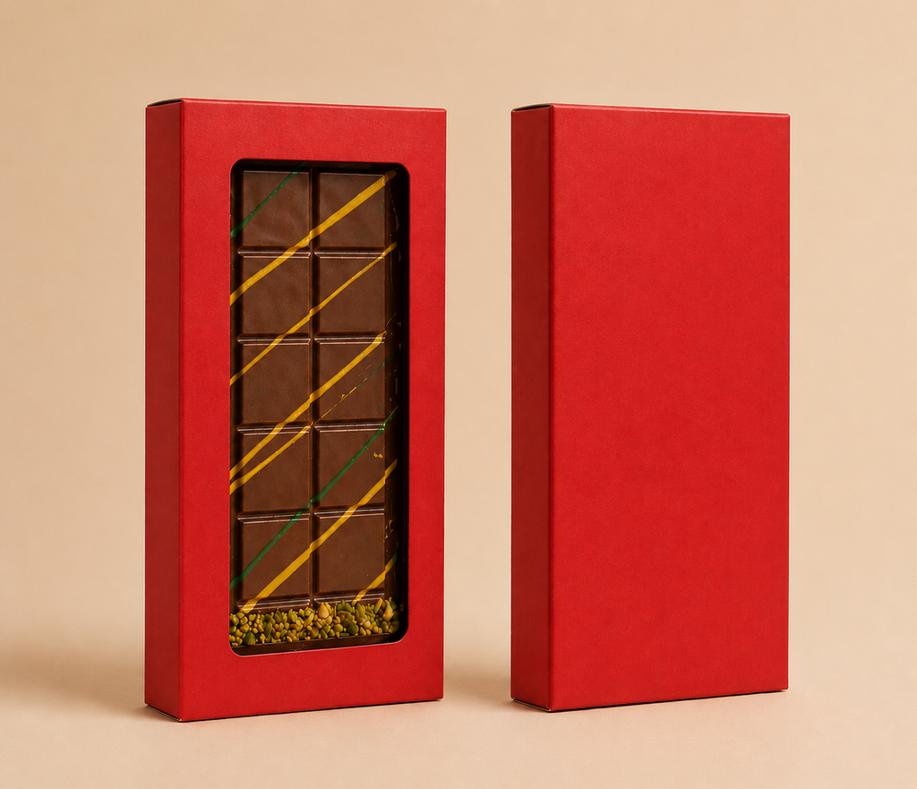 Red chocolate box with a window displaying a chocolate bar on a beige background