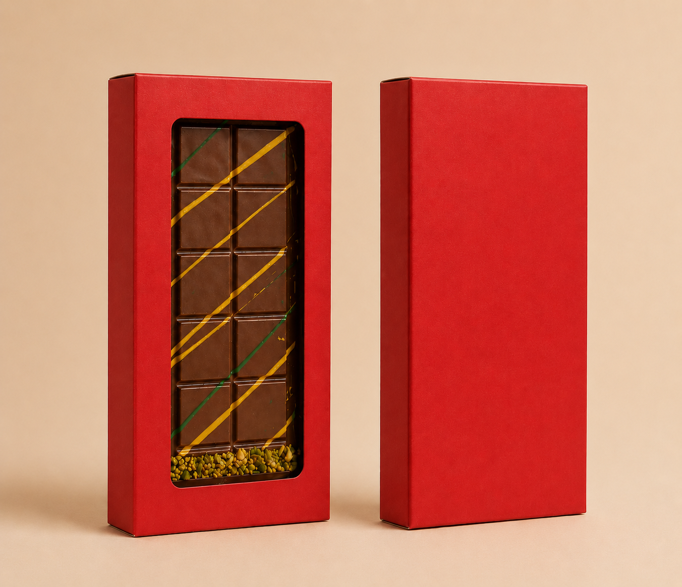 Red chocolate box with a window displaying a chocolate bar on a beige background
