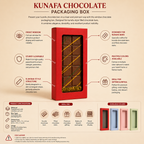 Kunafa chocolate packaging box with features and product specifications on a beige background