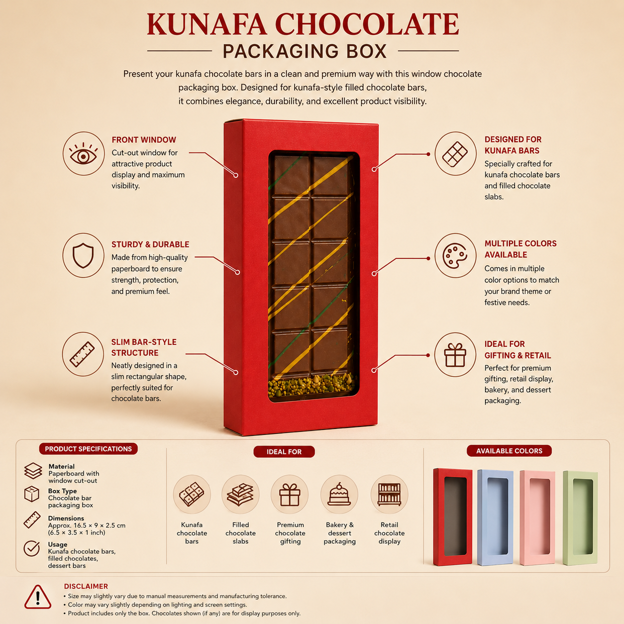 Kunafa chocolate packaging box with features and product specifications on a beige background