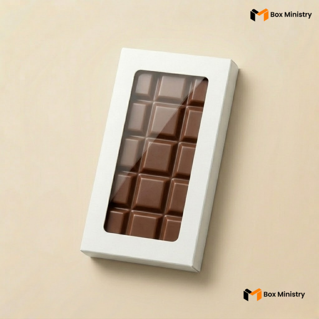 Chocolate bar in a white box with a clear window on a beige background, featuring 'Box Ministry' branding.