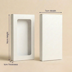 White rectangular box with dimensions labeled on a beige background