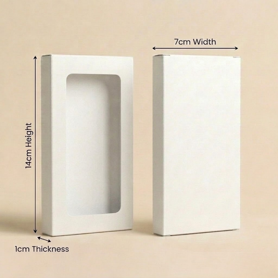 White rectangular box with dimensions labeled on a beige background