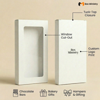 White packaging box with tuck-top closure and window cut-out, featuring Box Ministry branding.