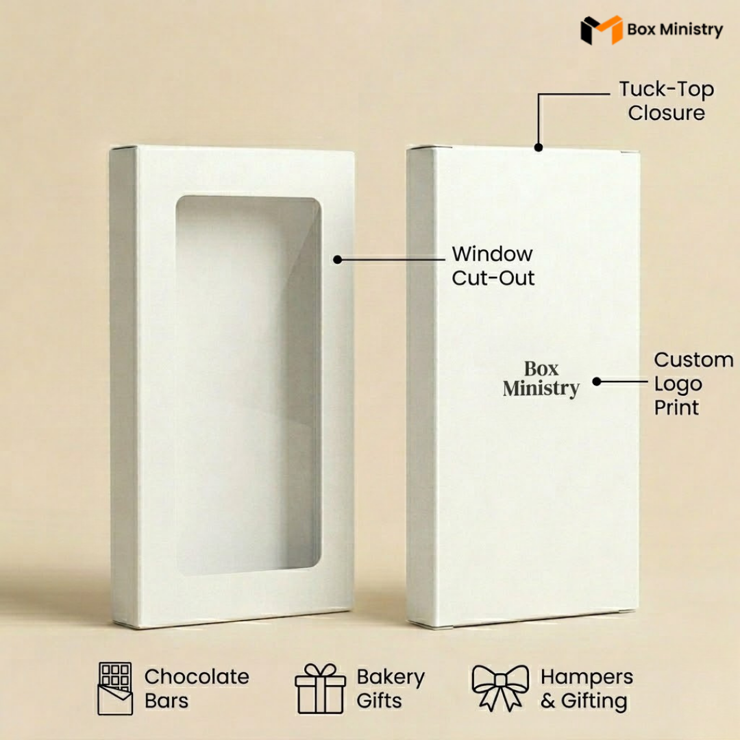 White packaging box with tuck-top closure and window cut-out, featuring Box Ministry branding.