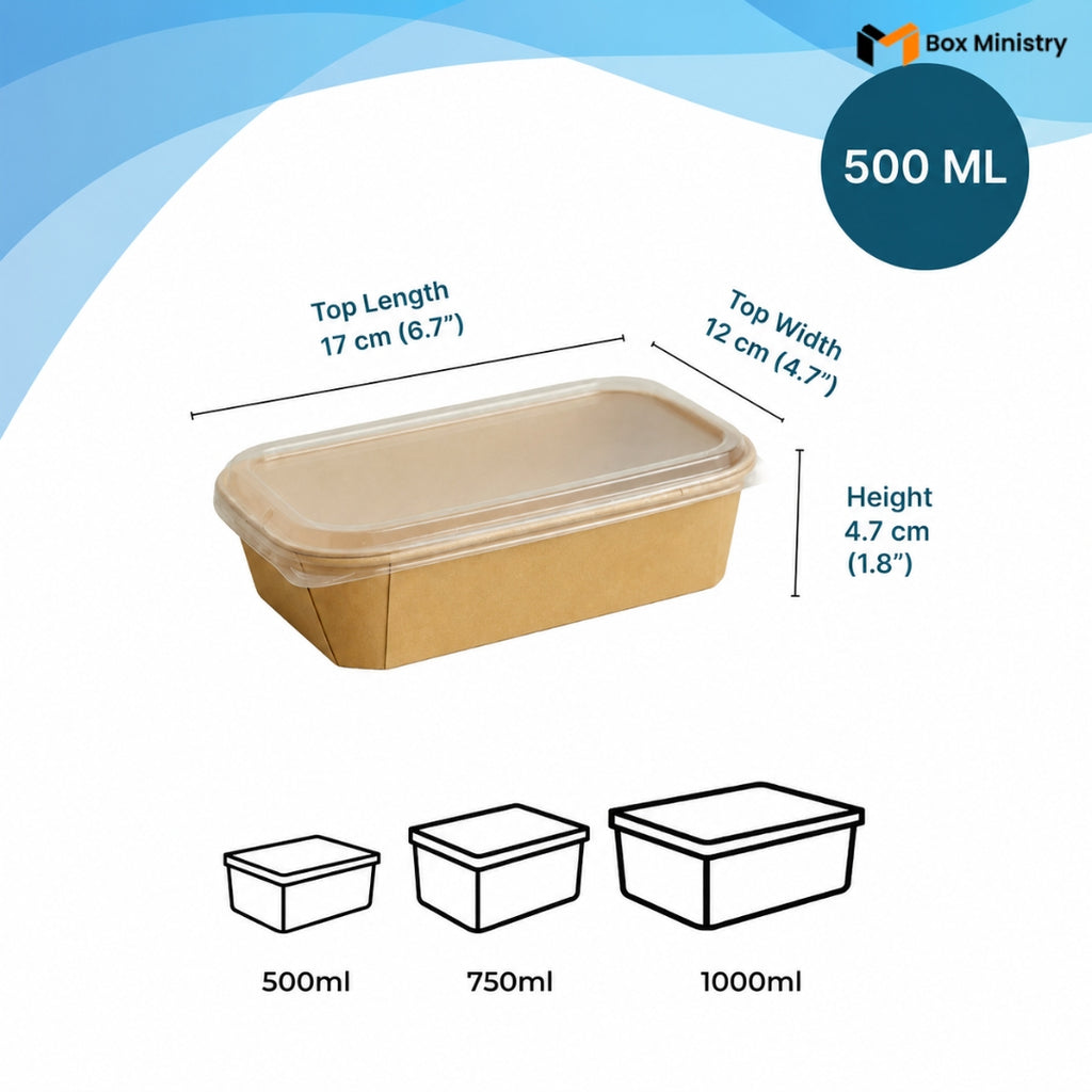 Measurement chart of a 500ml container with dimensions and Box Ministry branding.