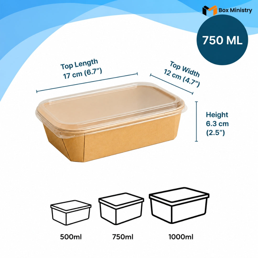 Kraft paper food container with dimensions and capacity details on a white background