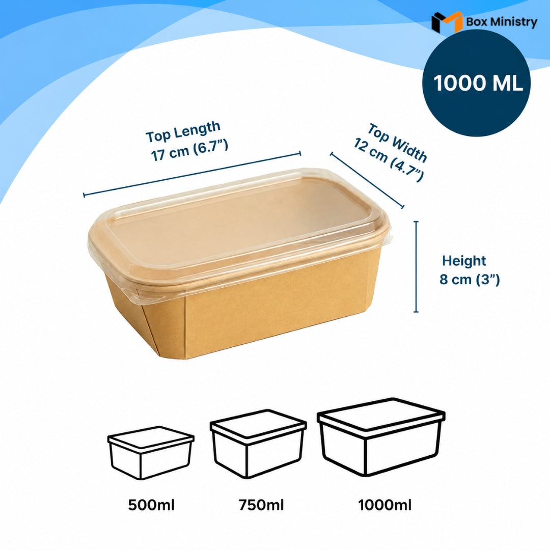 Kraft paper food container with dimensions and capacity details on a white background
