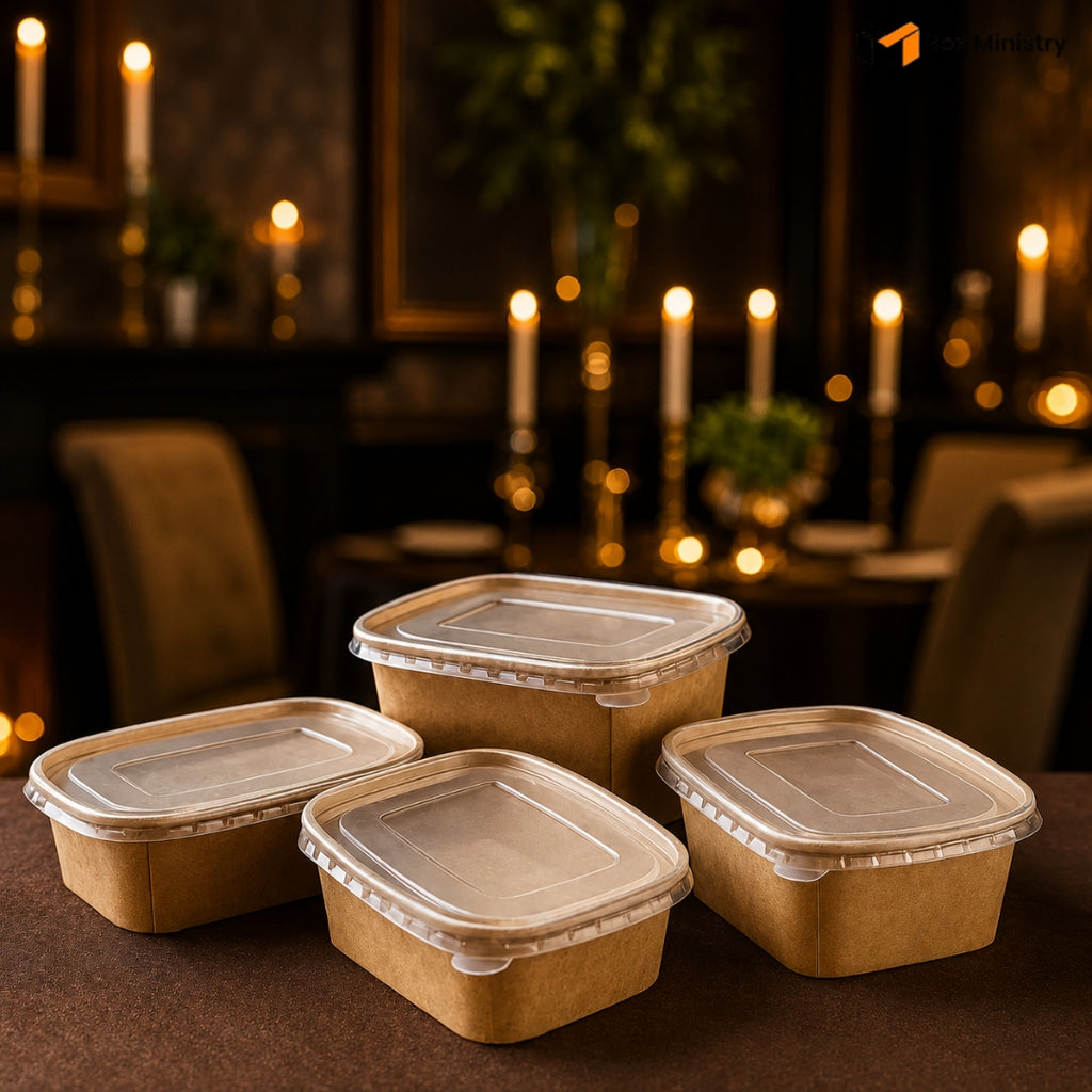 Four cardboard food containers with lids on a table with a candlelit background