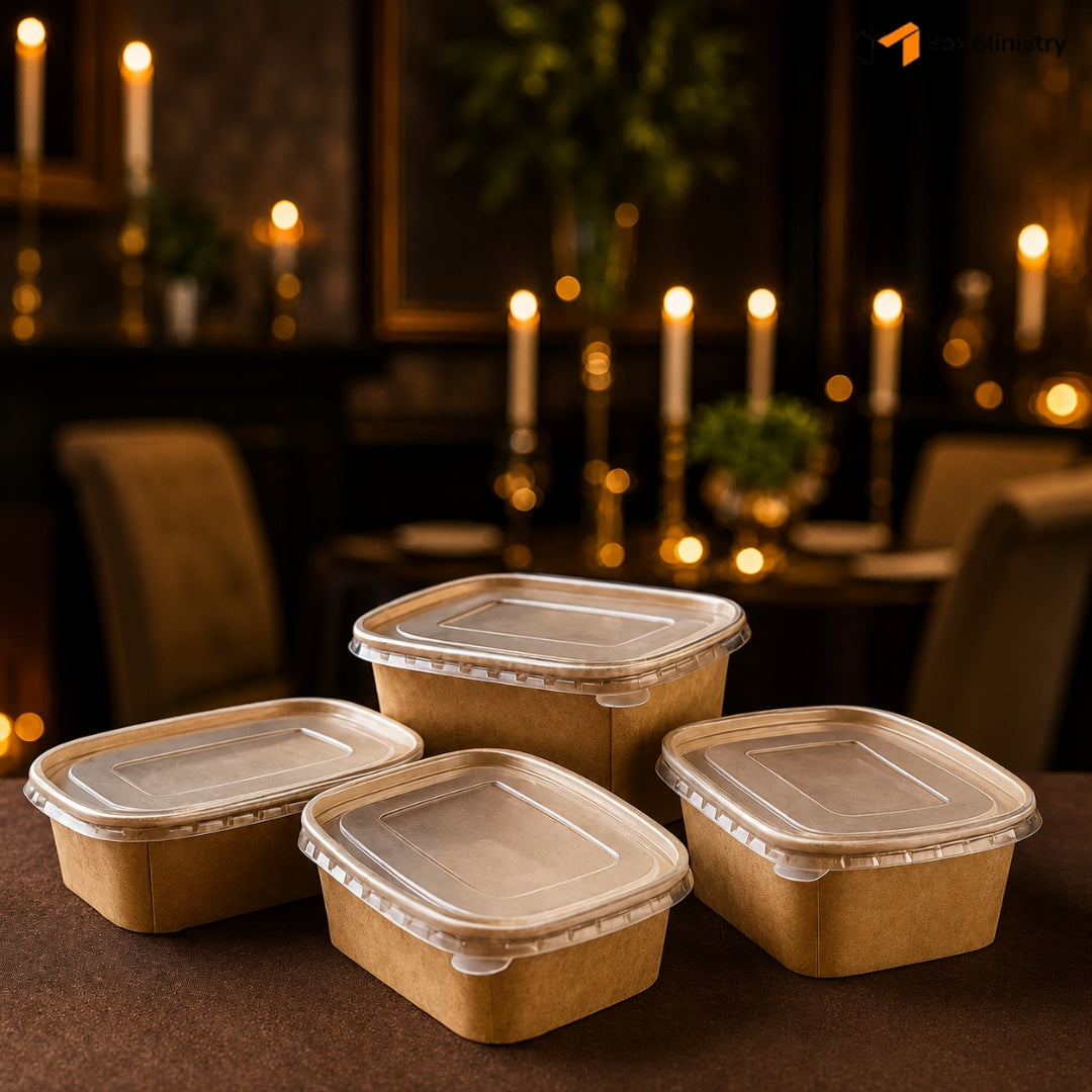 Four cardboard food containers with lids on a table with a candlelit background