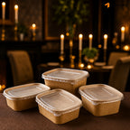 Four cardboard food containers with lids on a table with a candlelit background