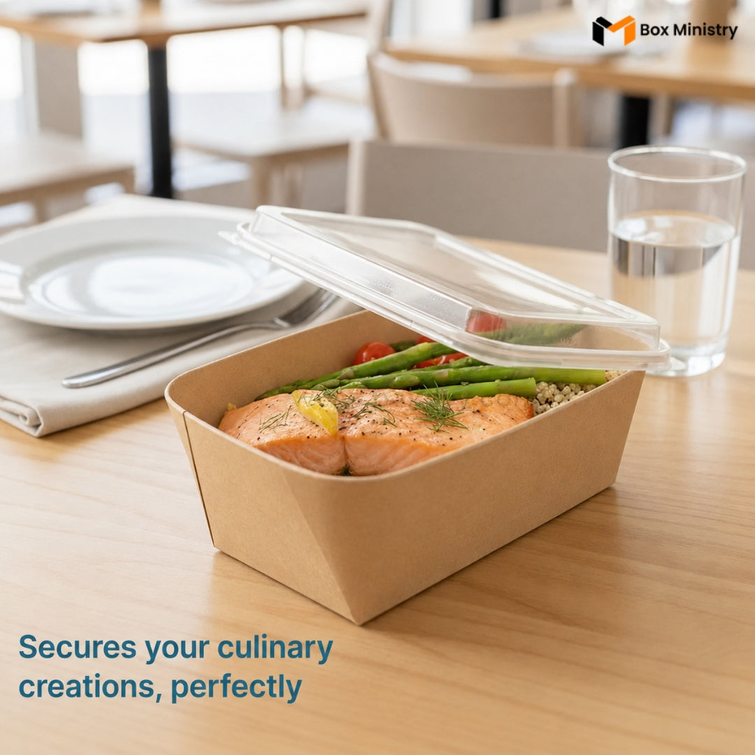 Bento box with food on a table with a glass of water and plates in the background, featuring 'Box Ministry' branding.