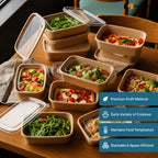 Set of brown food containers with various meals on a wooden table