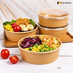 Set of brown paper food containers with food and vegetables on a wooden surface, featuring 'Box Ministry' branding.