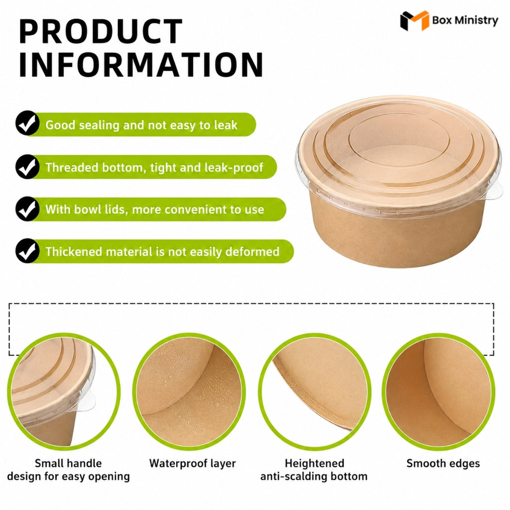 Product information graphic for a container with a lid, highlighting features like good sealing, threaded bottom, and convenience.