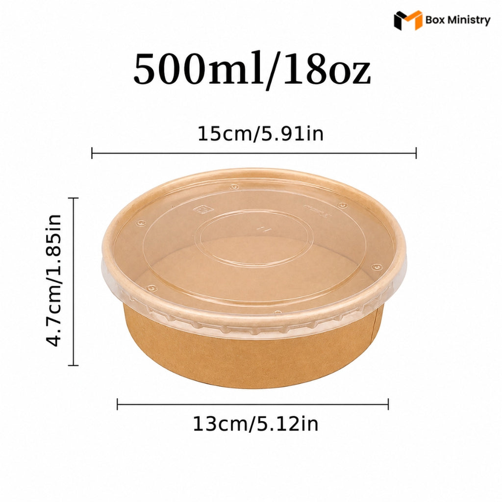 Brown food container with measurements on a white background, featuring 'Box Ministry' logo.