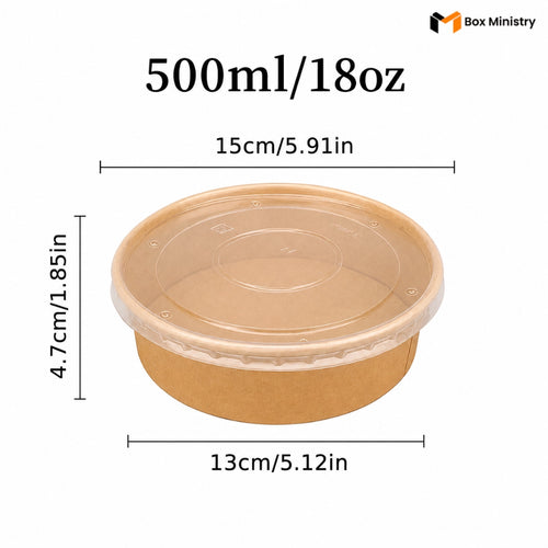 Brown food container with measurements on a white background, featuring 'Box Ministry' logo.