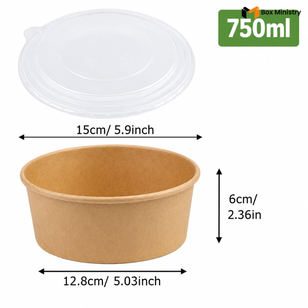 Brown paper bowl with white lid and measurements on a white background, featuring 'Box Ministry' branding.