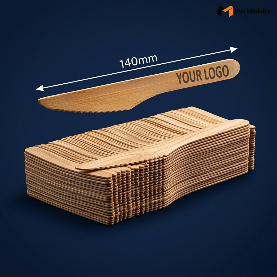 Stack of wooden spoons with a branded message on a dark blue background