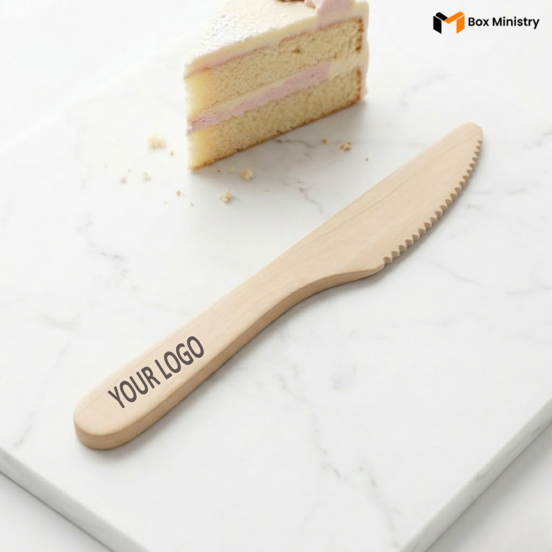 Wooden cake knife with 'Your Logo' text on a marble surface with a slice of cake.