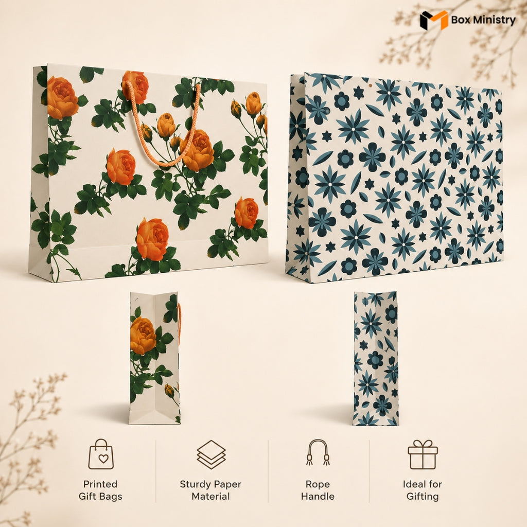 Two floral-patterned gift bags with text highlighting features on a beige background.