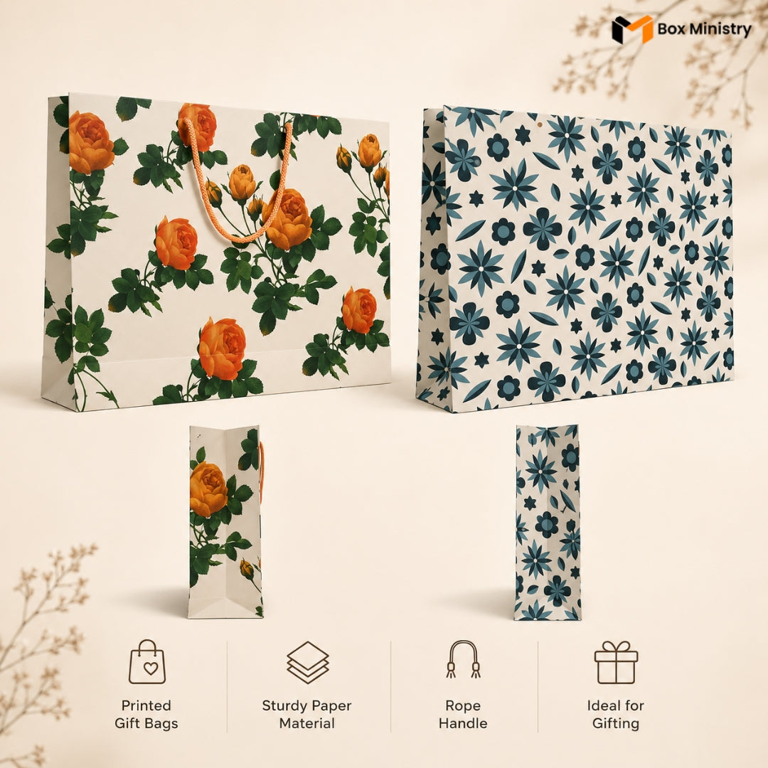 Two floral-patterned gift bags with text highlighting features on a beige background.