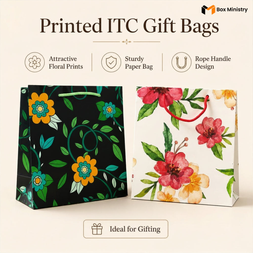 Two floral gift bags with text highlighting features and branding.