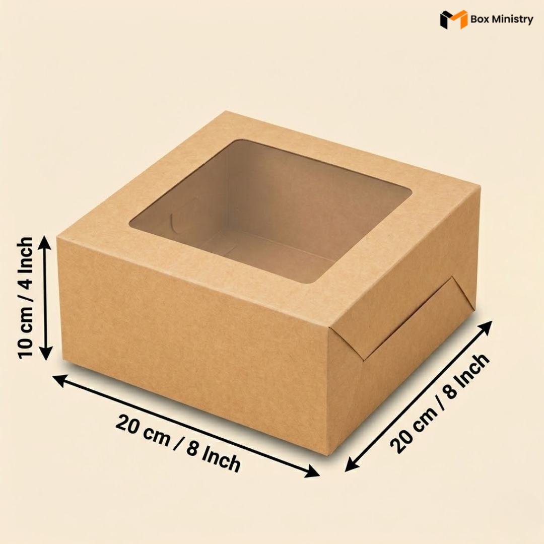 Natural kraft brown square window cake box 20x20x10 cm (8x8x4 inch) with large clear square PVC window on top showing natural kraft brown interior, flat compact square shape with dimensions labeled with measurement arrows on warm pale cream background — Kraft Square Window Cake Box 
